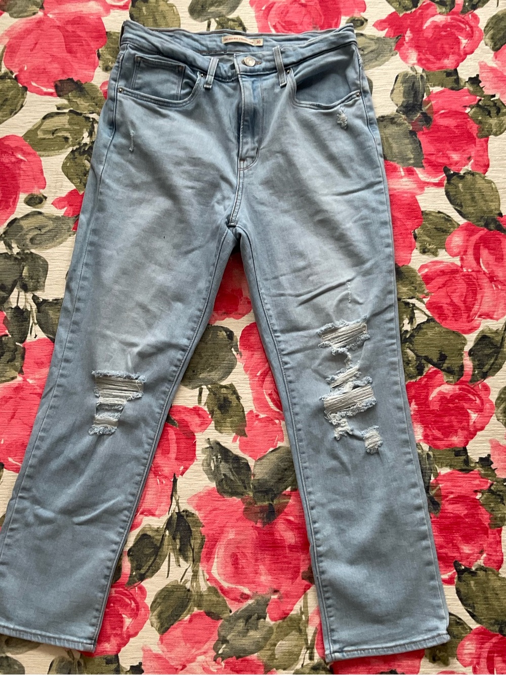 Levi’s Women’s 724 High Rise Straight Crop Light Blue Distressed Jeans
